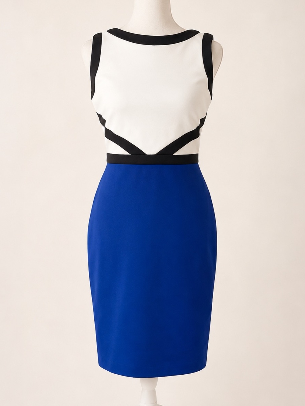 Calvin Klein Colorblock Sheath Dress in White, Black & Cobalt Blue - Size 2